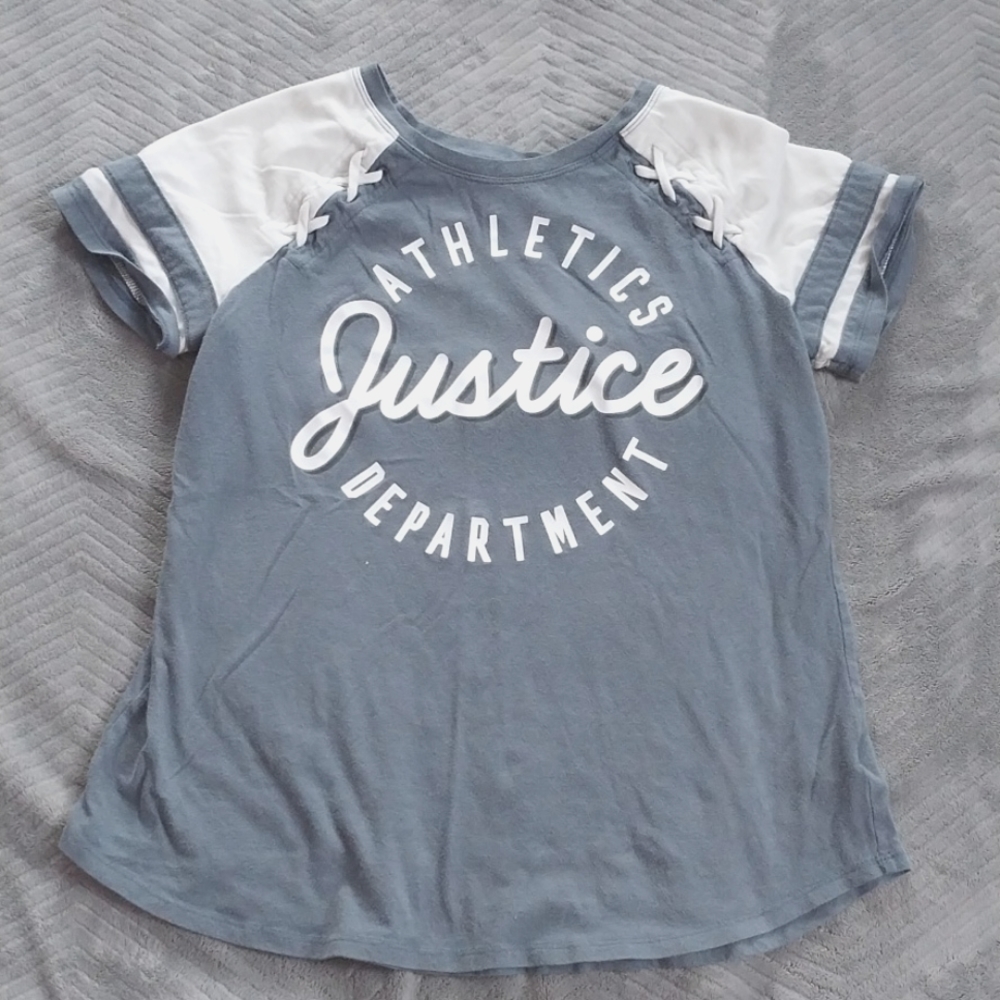 Gray and white justice tee shirt